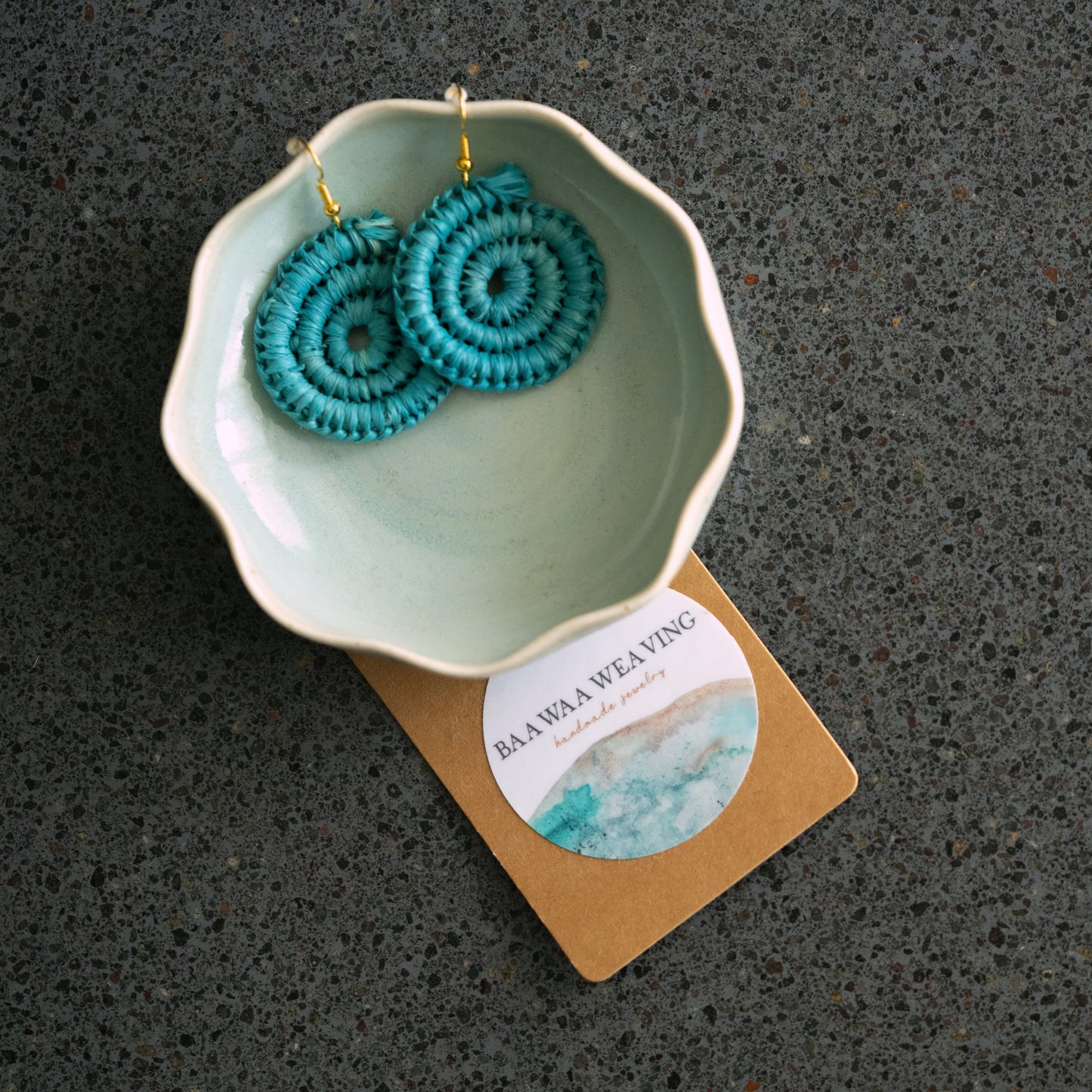 Blue Handwoven Raffia Earrings by Baawaa Weaving