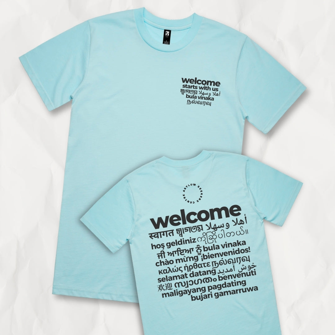 "Welcome starts with us" Blue T-Shirt in 19 Languages