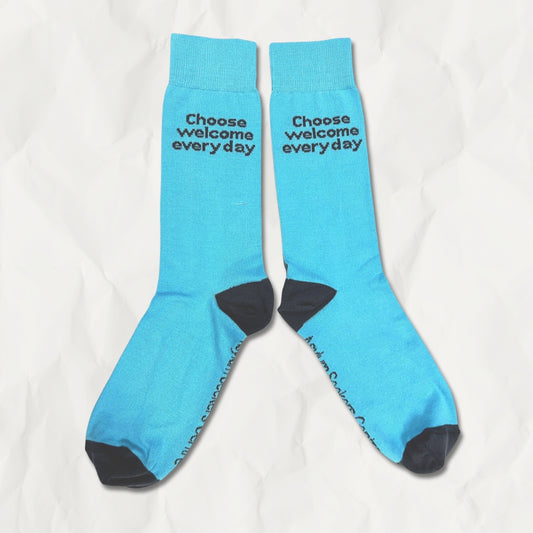 "Choose welcome every day" blue and gray socks